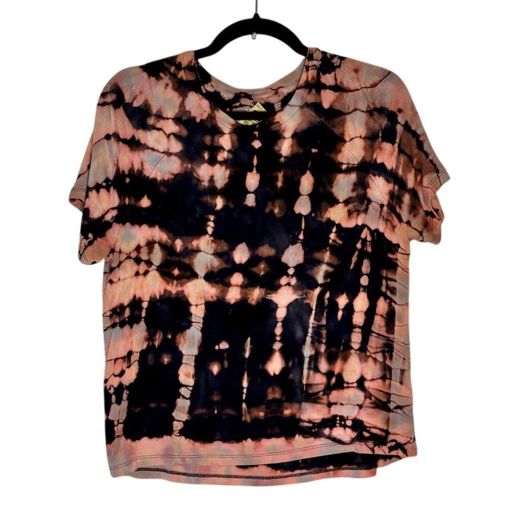 Reverse Tie Dye Rib Knit T-Shirt Navy Pink Size Medium Reworked Upcycled